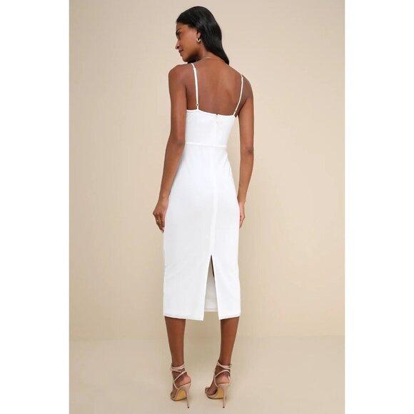 Lulus Uniquely Sophisticated Bodycon Bustier Midi Dress Women Sz L Strappy White - Picture 2 of 14